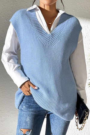 Light Blue Textured Knit V-Neck Sleeveless Top