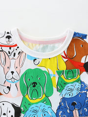 Toddler dress with colorful cartoon dog print and chest pocket.
