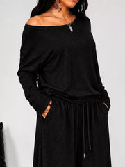 Loose Fit One-shoulder T-shirt And Pants Set Plus Size in Black, view 14