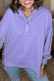 Lavender sequin panel henley sweatshirt with button placket and raw hem.