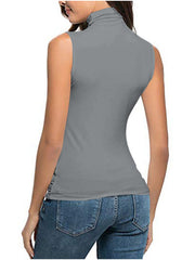Sleek grey sleeveless turtleneck t-shirt with a high neck, shown from the back.