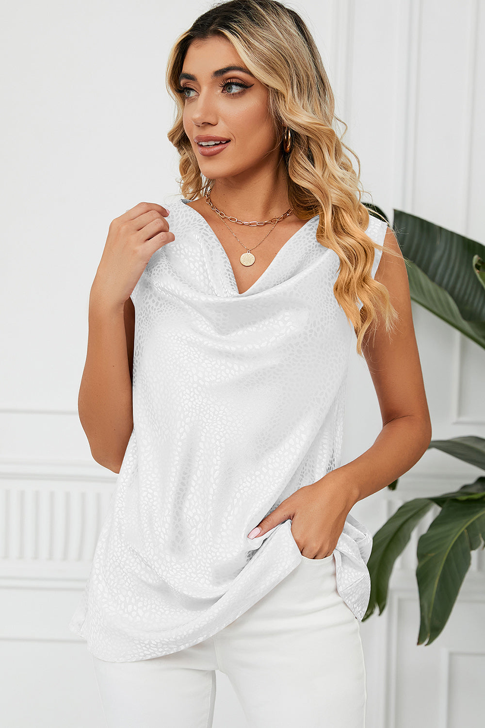 White jacquard drape neckline tank top with subtle animal print detail.