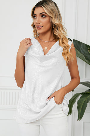 White jacquard drape neckline tank top with subtle animal print detail.