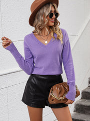 Lavender relaxed fit v-neck knit sweater with ribbed cuffs and hem