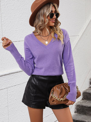 Lavender relaxed fit v-neck knit sweater with ribbed cuffs and hem