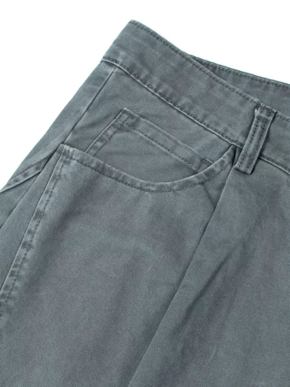 Grey cotton sweatpants with button closure, belt loops, and front pockets.