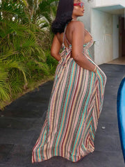 Chic striped tied maxi dress with pockets, deep V-neck, ankle length, casual style.