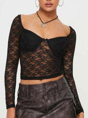 Black lace sweetheart bustier top with long sleeves and a bow detail.