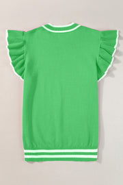 Green knit top with ruffled sleeves and contrast trim neckline and hem