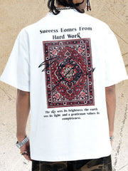 White cotton crew neck t-shirt with a bold graphic print of a Persian rug and text on the back.