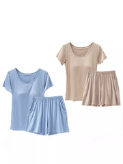 Two-piece pajama set with scoop neck tees and drawstring shorts in light blue and khaki.
