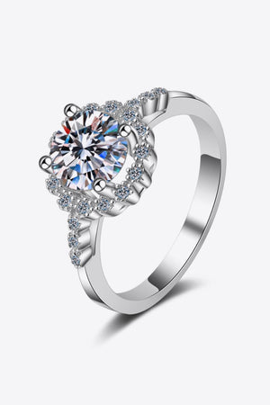 Silver halo cluster moissanite engagement ring with pave band