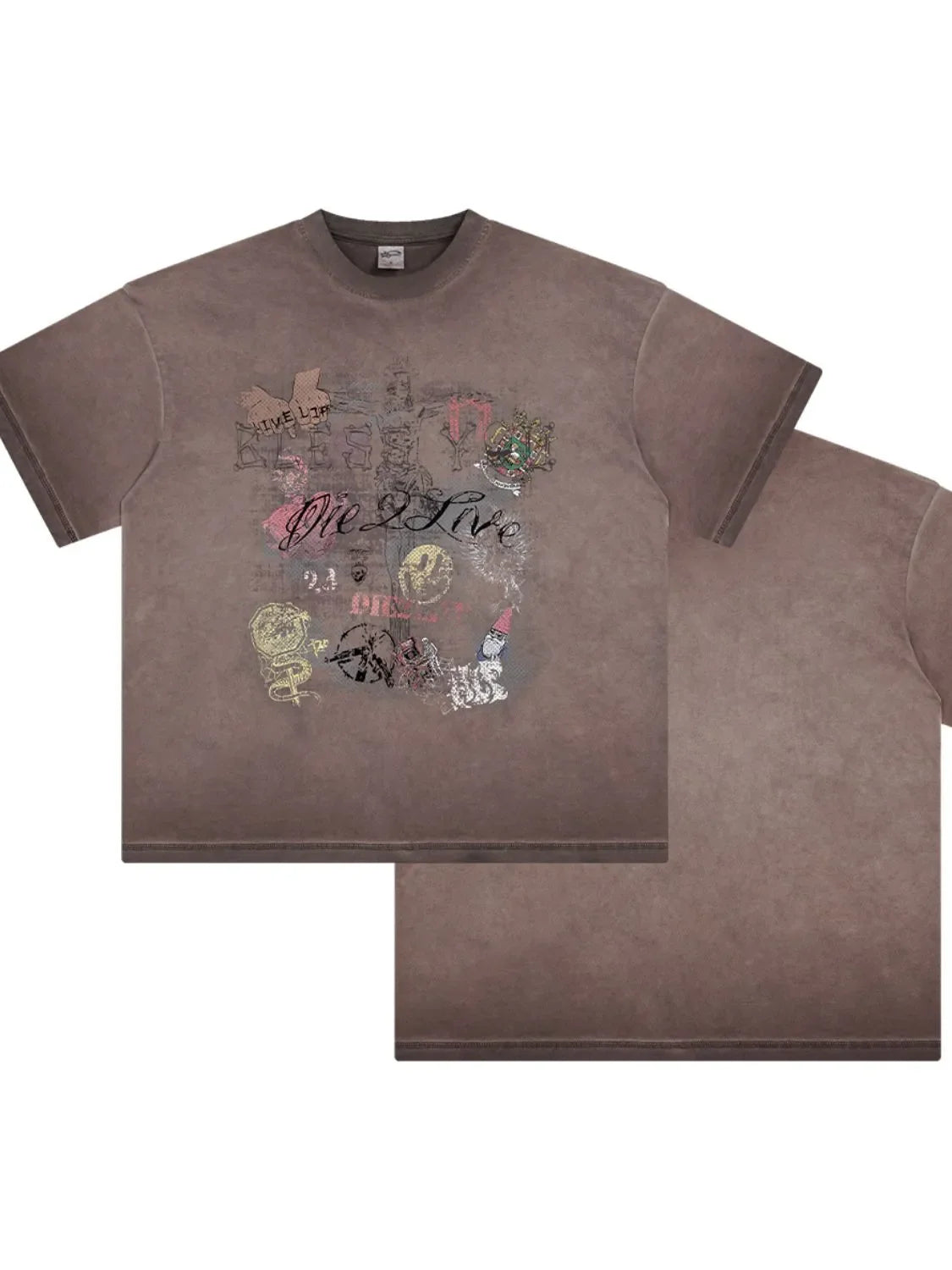 Mocha vintage wash graphic tee with distressed graffiti print and crew neck.