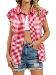 Plaid Button Up Cap Sleeve Shirt in Blue, front view