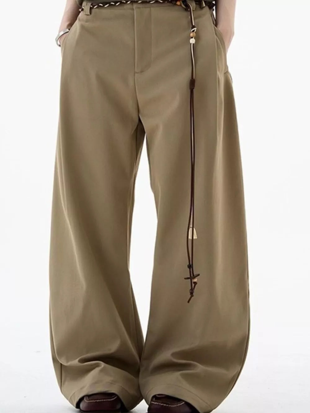 Men's relaxed fit wide-leg sweatpants in khaki with a decorative drawstring detail.