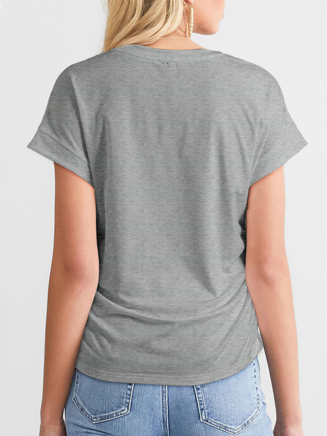 Gray seamed front ruched sleeve tee with cuffed short sleeves.