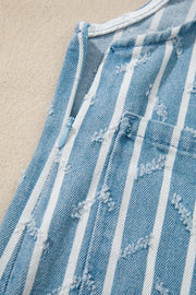 Striped distressed denim overalls with a side zipper detail.