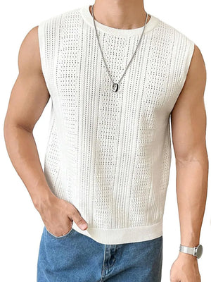 White textured knit sleeveless tank top with a crew neck and open weave pattern.
