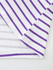 Baby dress with purple and white stripes, cotton fabric, close-up of hem and seams.