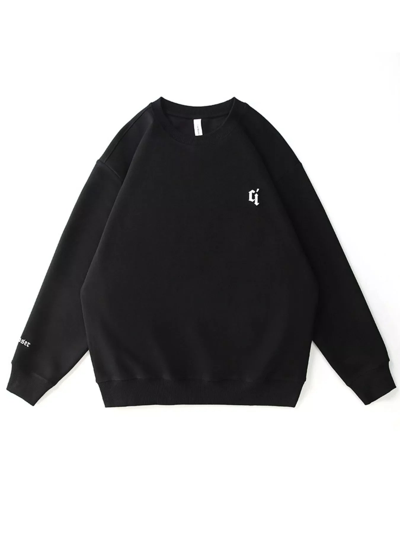 Black plus-size sweatshirt with round neck, white chest logo and sleeve text detail