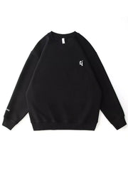 Black plus-size sweatshirt with round neck, white chest logo and sleeve text detail