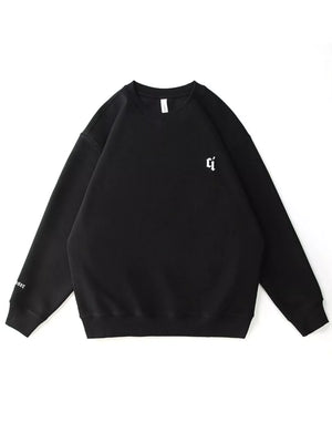 Black plus-size sweatshirt with round neck, white chest logo and sleeve text detail