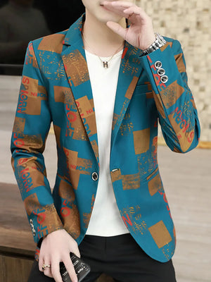 Men's abstract print slim fit blazer in turquoise with brown and red graphic pattern.
