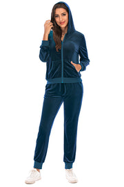 Velvet loungewear set in Peacock Blue, with zip-up hoodie and drawstring pants.