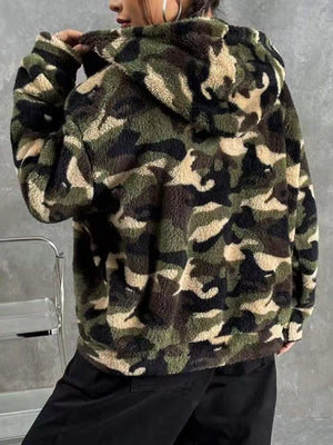 Camo fuzzy zip-up trench coat with hood and pockets.