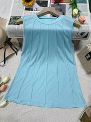 Sky blue sleeveless tank top with textured pleats and a round neckline.