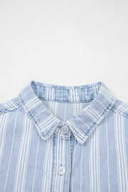 Denim shacket with vertical white stripes, button-down collar, and button closure.