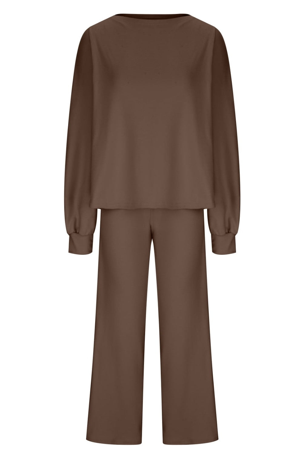 Brown loungewear set with wide-leg pants and a crewneck top featuring balloon sleeves.