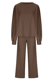 Brown loungewear set with wide-leg pants and a crewneck top featuring balloon sleeves.