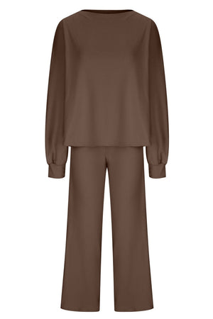 Brown loungewear set with wide-leg pants and a crewneck top featuring balloon sleeves.