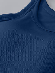 Ribbed knit tank top in dark blue with built-in bra and scoop neckline.