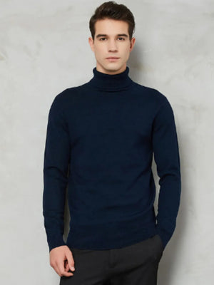 Men's dark blue turtleneck sweater with a modern silhouette and ribbed cuffs and hem.