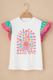 White graphic tee with ruffle sleeves, featuring a pink guitar and flowers with Nashville Music City text.