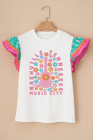 White graphic tee with ruffle sleeves, featuring a pink guitar and flowers with Nashville Music City text.