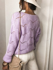 Lavender scalloped knit cardigan with openwork pattern and crew neck.