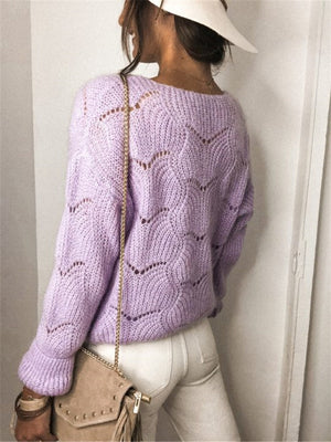 Lavender scalloped knit cardigan with openwork pattern and crew neck.