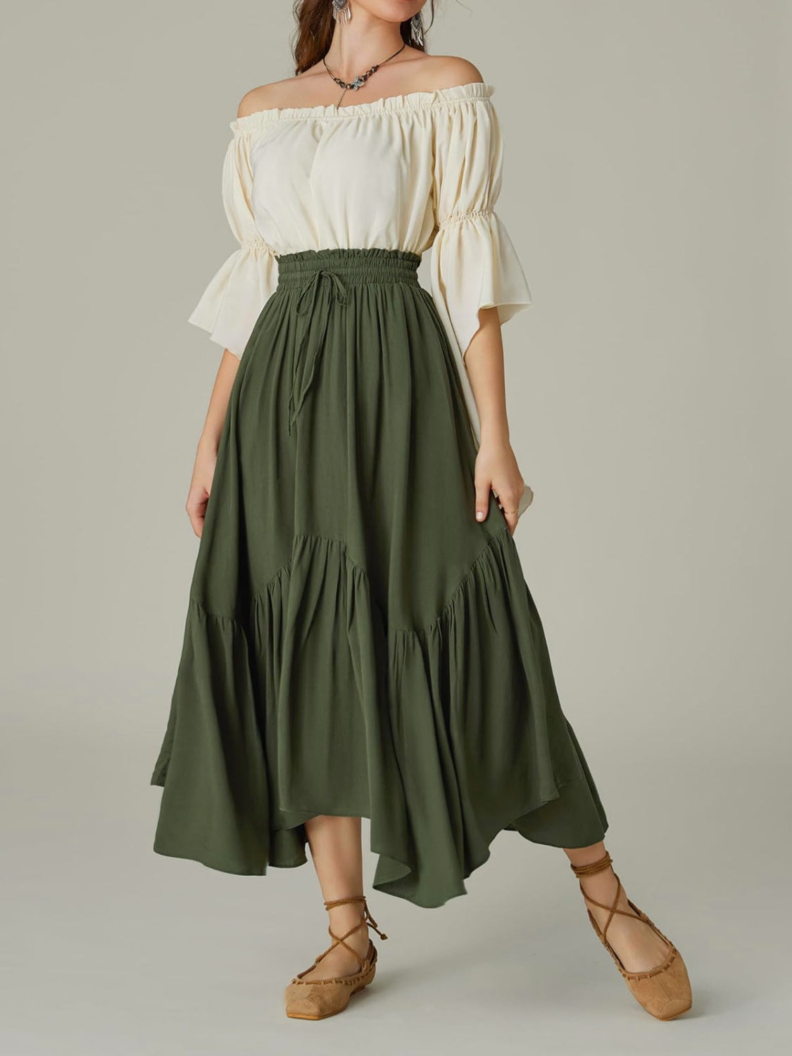 Army green tiered midi skirt with asymmetrical hemline and drawstring waist
