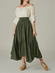 Army green tiered midi skirt with asymmetrical hemline and drawstring waist