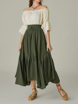 Army green tiered midi skirt with asymmetrical hemline and drawstring waist