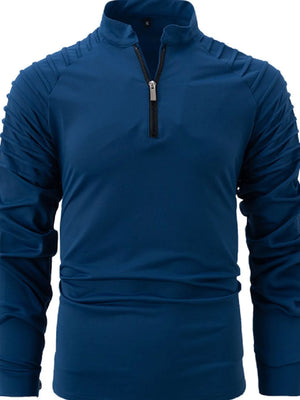 Navy blue pullover sweater with pleated shoulders and a zip-neck.