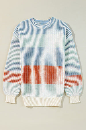 Ribbed stripe knit sweater with balloon sleeves in blue, tan, and dusty pink hues.