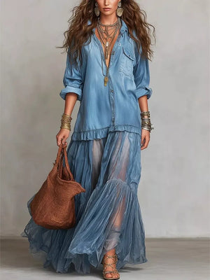 Light blue sheer ruffle maxi dress with buttoned detailing and long sleeves.