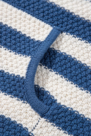 Textured knit hoodie in peacock blue and white stripes with a pouch pocket detail.