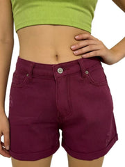 Plum purple cuffed denim shorts with distressed details and a high waist.