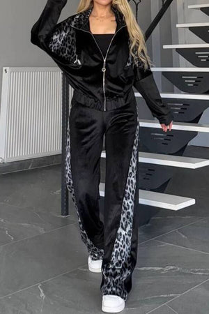 Black velvet tracksuit with leopard print side panels and zip-up jacket
