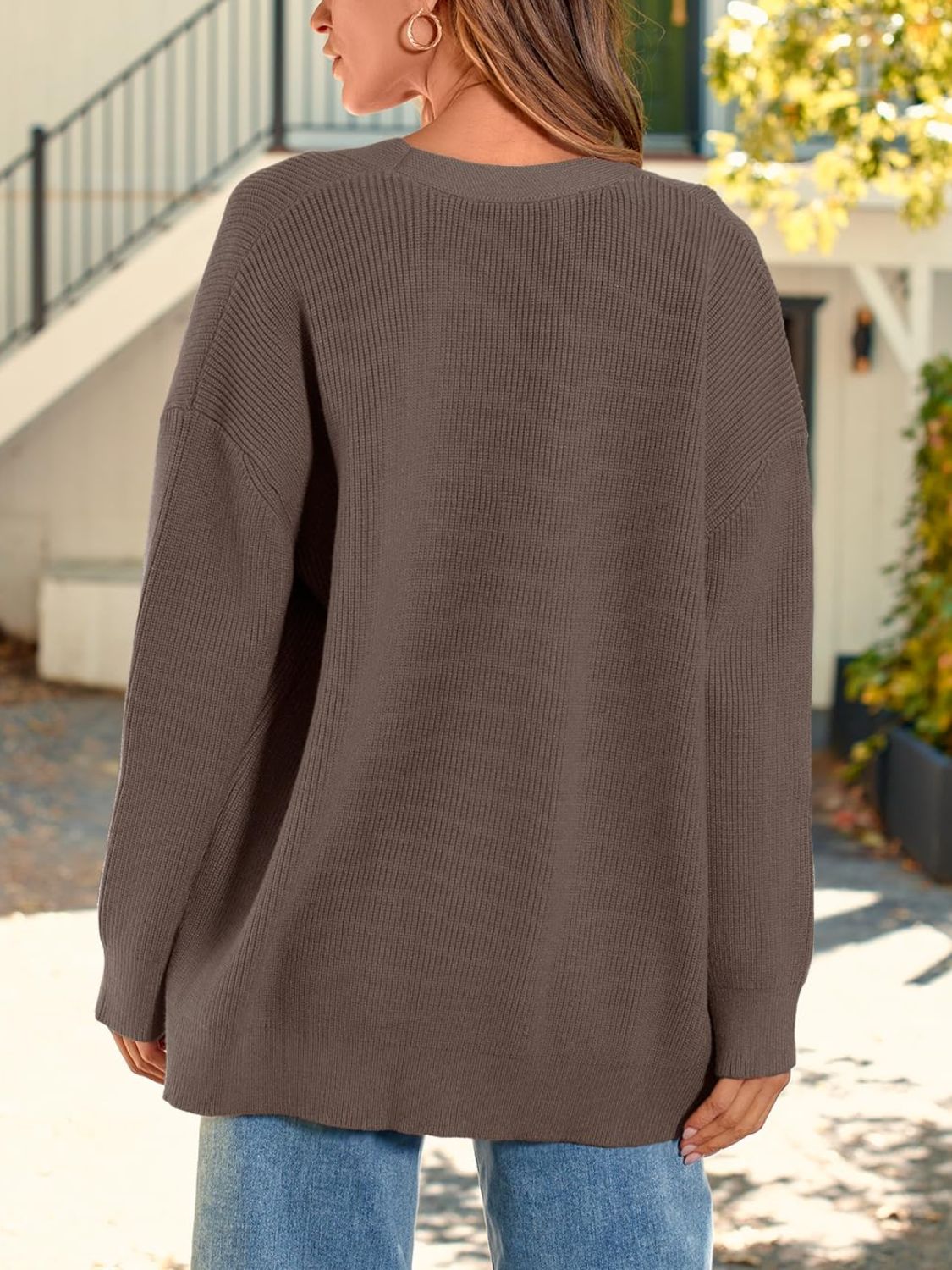 Oversized ribbed knit button-down cardigan in Coffee Brown, acrylic, with a relaxed fit.